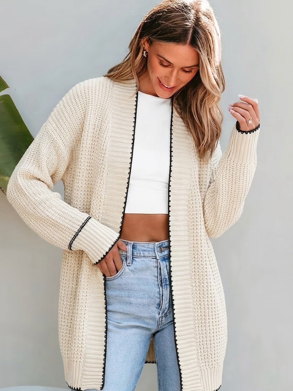Cream Open-Front Knit Cardigan Sweater